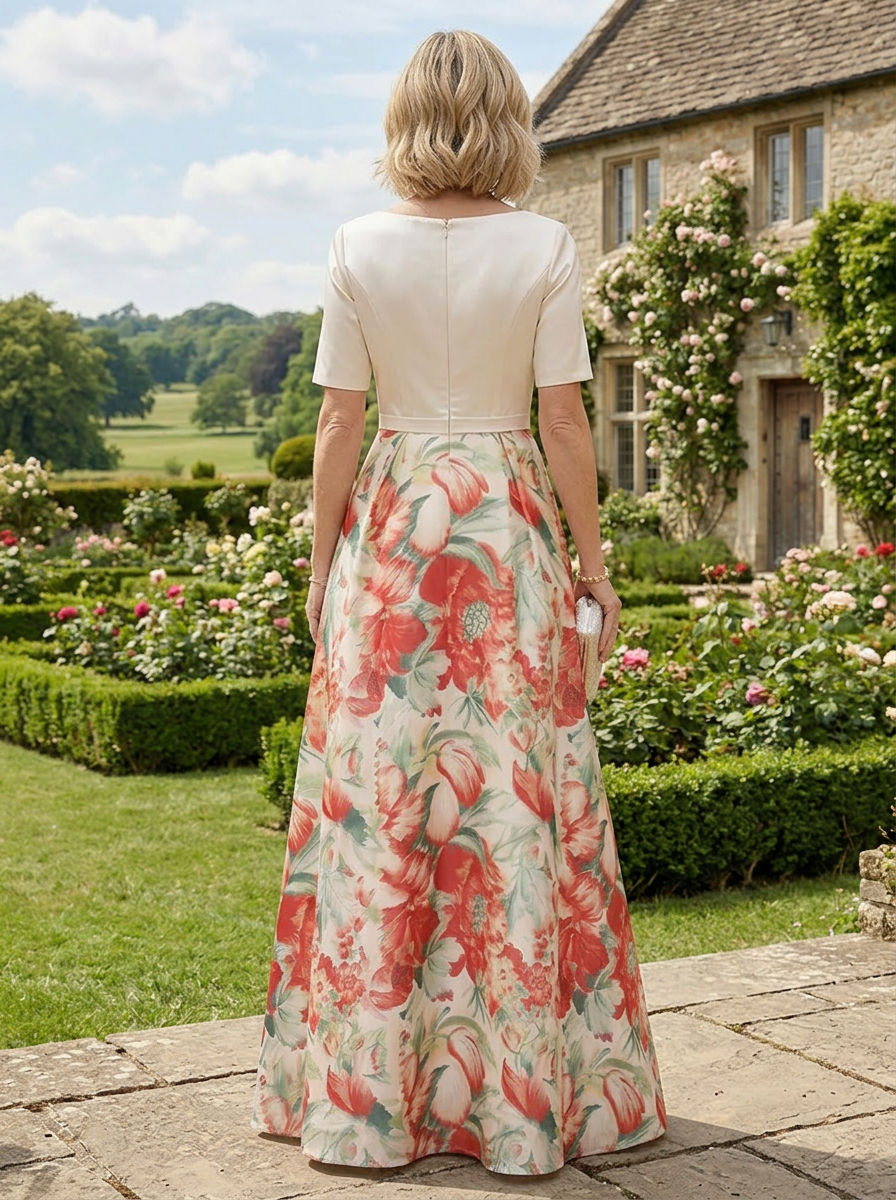 Ivory Floral Print A-Line V-Neck Mother of the Bride & Groom Dresses with Satin Bodice