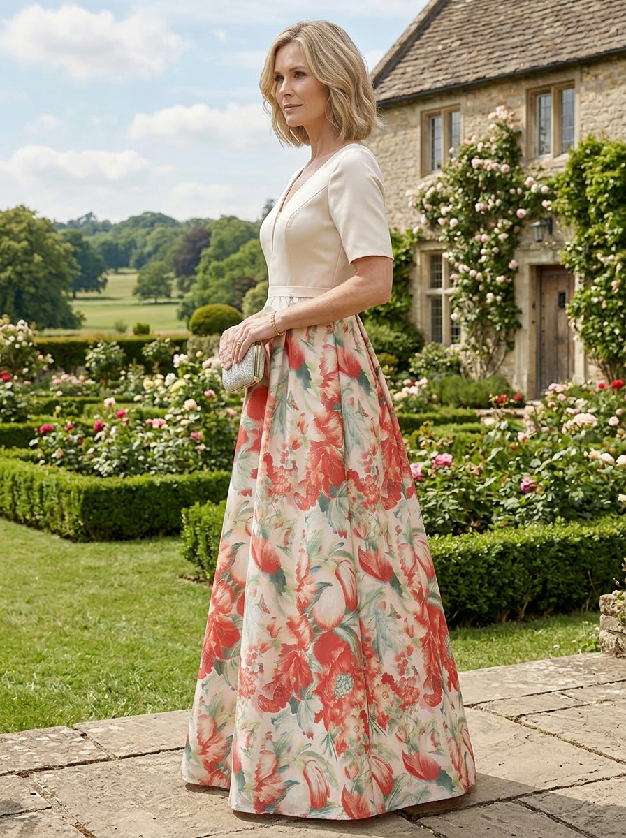 Ivory Floral Print A-Line V-Neck Mother of the Bride & Groom Dresses with Satin Bodice