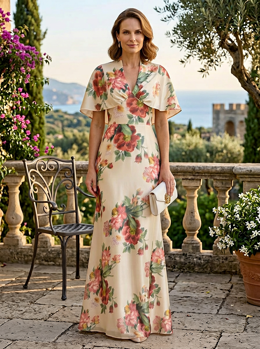 Ivory Floral Print Sheath V-Neck Cape-Style Mother of the Bride & Groom Dresses for Women 