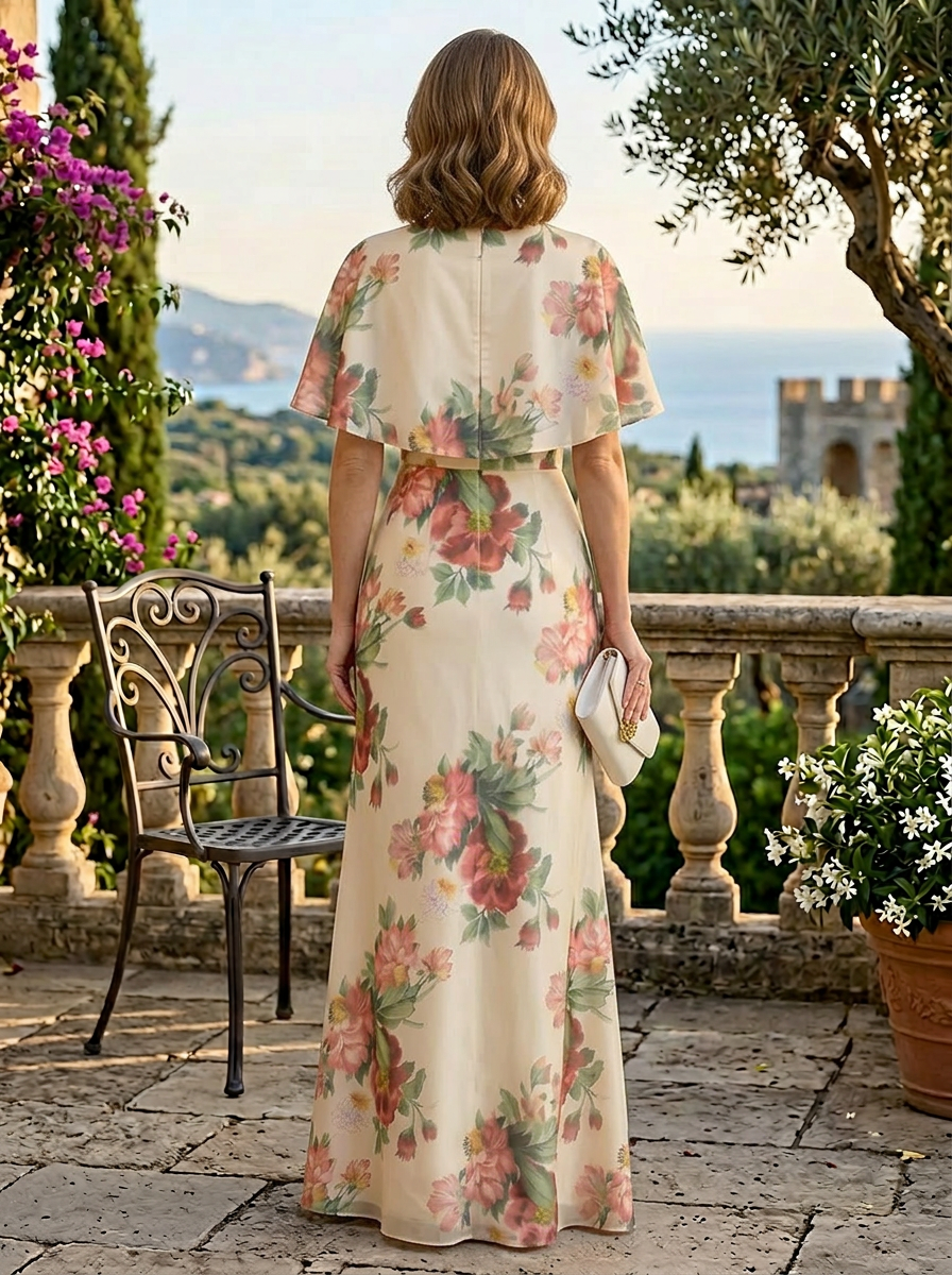 Ivory Floral Print Sheath V-Neck Cape-Style Mother of the Bride & Groom Dresses for Women 