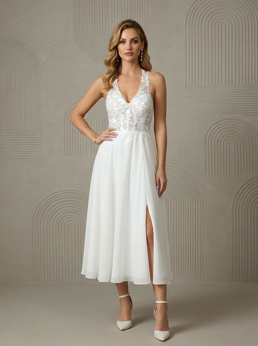 Ethereal White Floral Lace Halter A-Line Wedding Dress