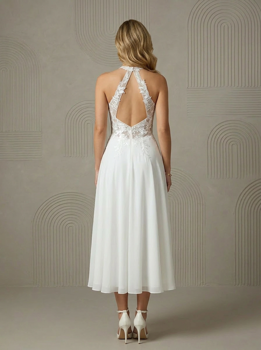 Ethereal White Floral Lace Halter A-Line Wedding Dress