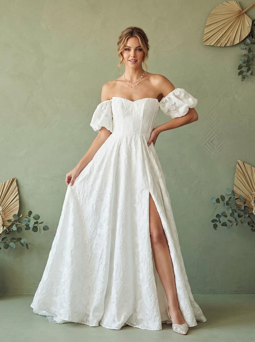 White Ethereal Floral Off-the-Shoulder A-Line Wedding Dress
