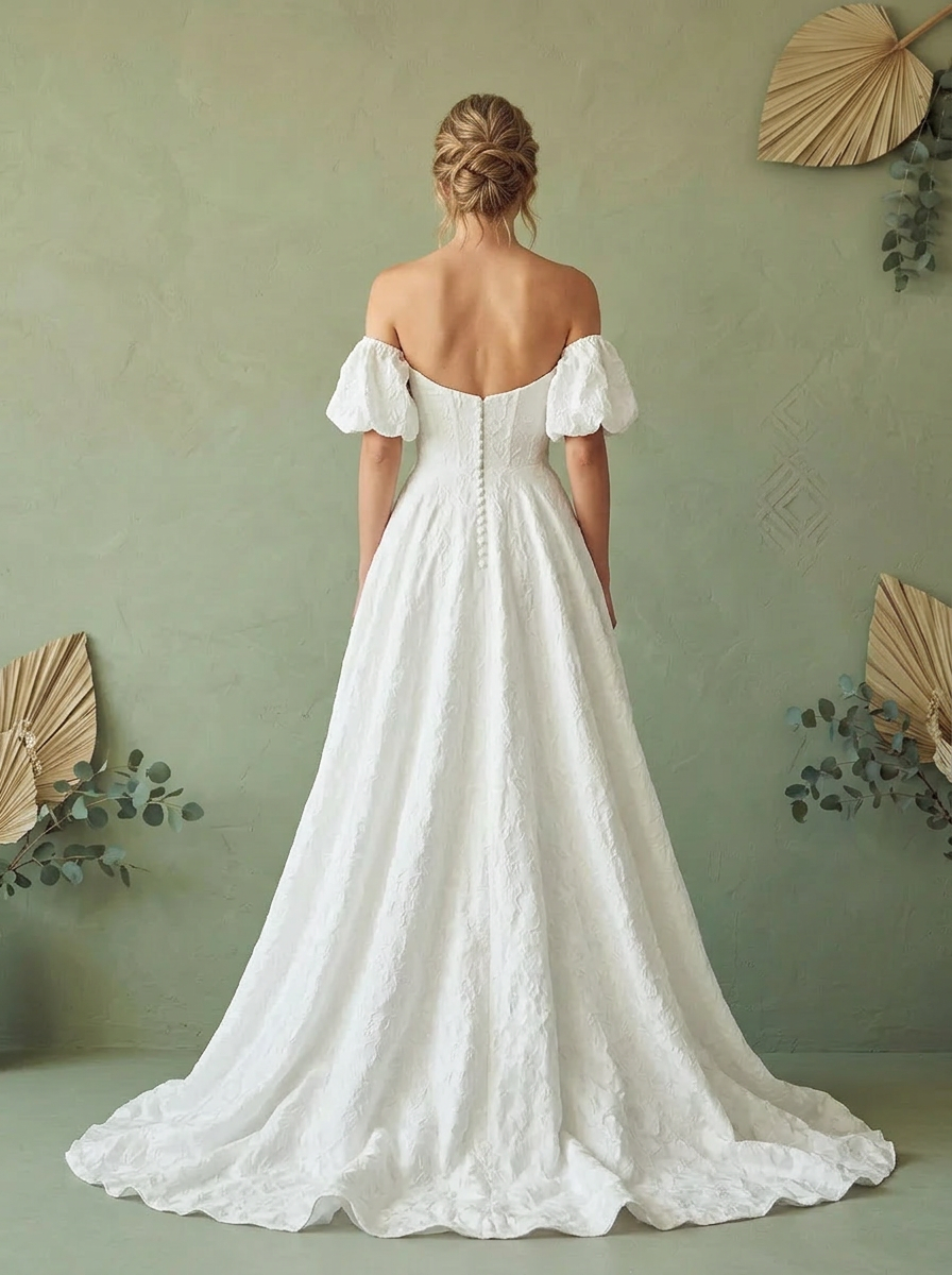 White Ethereal Floral Off-the-Shoulder A-Line Wedding Dress