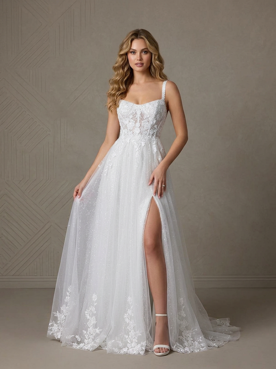 White Ethereal Floral Appliqué Tulle Wedding Dress with High Slit