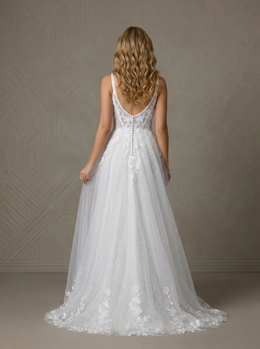 White Ethereal Floral Appliqué Tulle Wedding Dress with High Slit