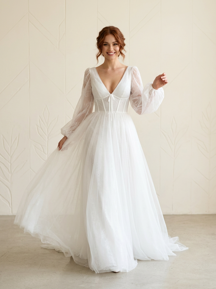 White Enchanting Lace-Up Corset Wedding Dress with Balloon Sleeves