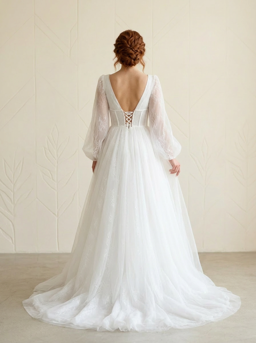 White Enchanting Lace-Up Corset Wedding Dress with Balloon Sleeves