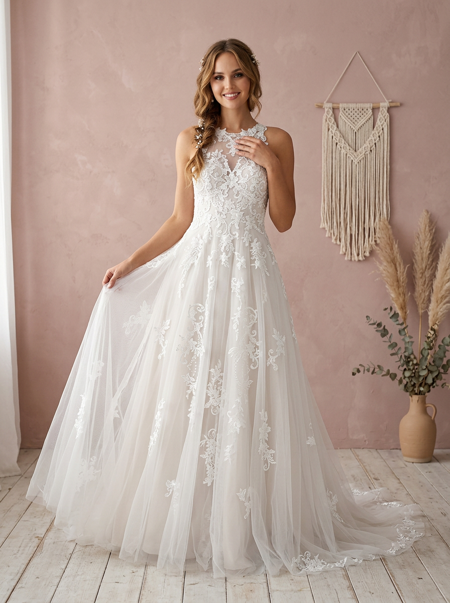 White Timeless High-Neck Lace A-Line Tulle Wedding Dress