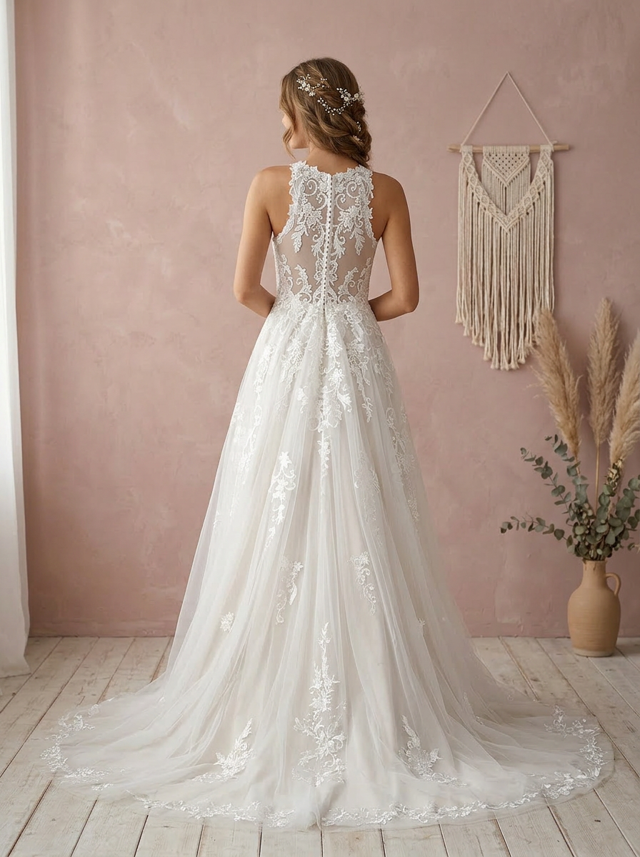 White Timeless High-Neck Lace A-Line Tulle Wedding Dress