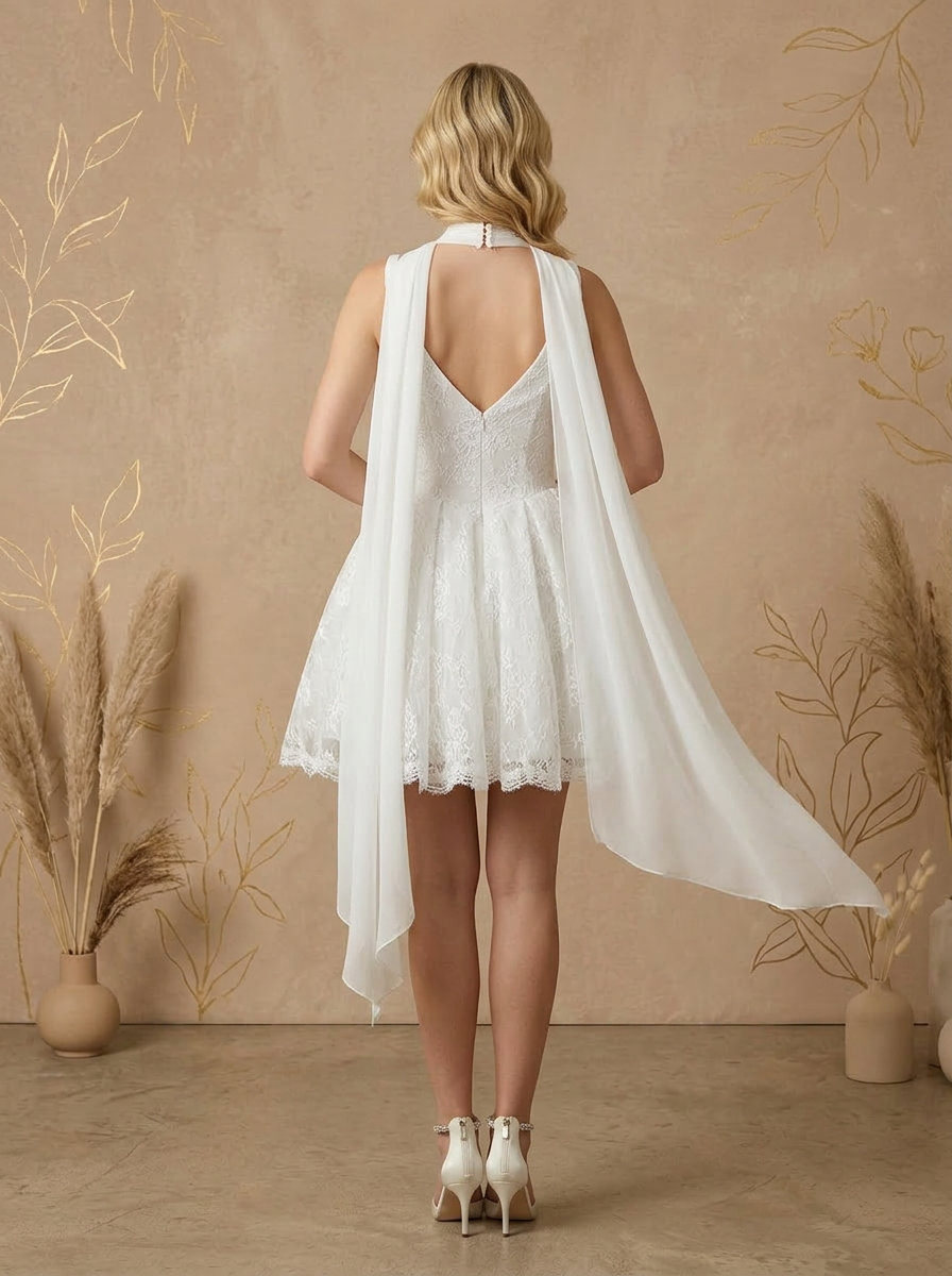 White Chic Lace Mini Wedding Dress with Flowing Scarf Detail