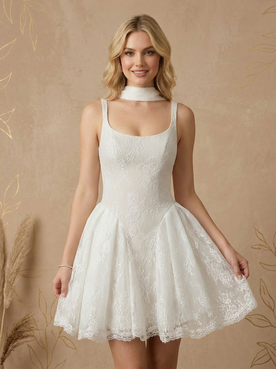 White Chic Lace Mini Wedding Dress with Flowing Scarf Detail