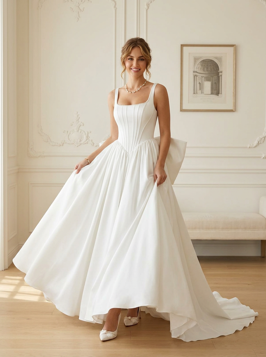 Ivory Ball-Gown with Pockets Stretch Satin Wedding Dress