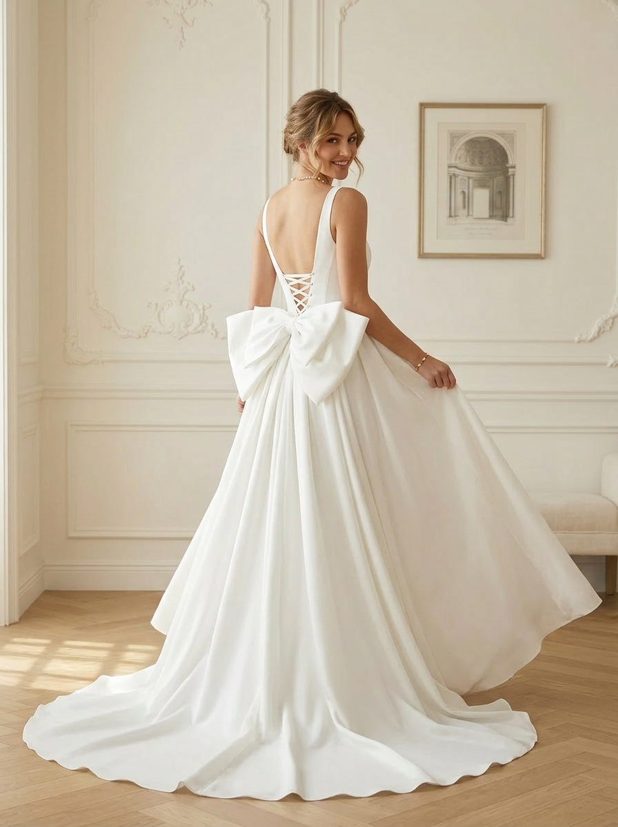 Ivory Ball-Gown with Pockets Stretch Satin Wedding Dress