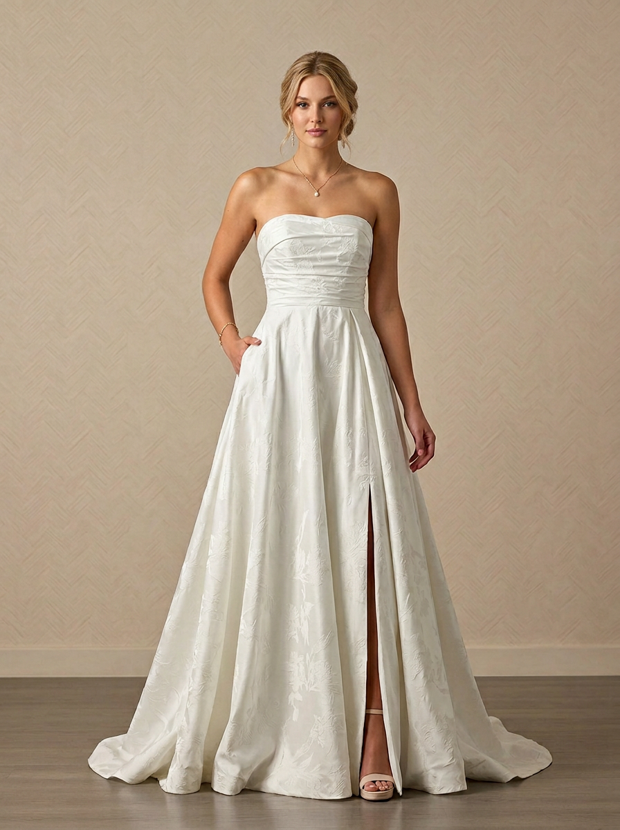 Ivory A-Line Strapless Floral Jacquard Wedding Dress