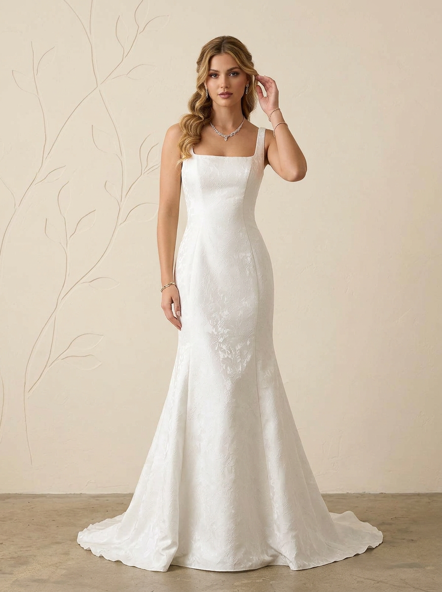 White Mermaid Square Neckline Floral Jacquard Wedding Dress