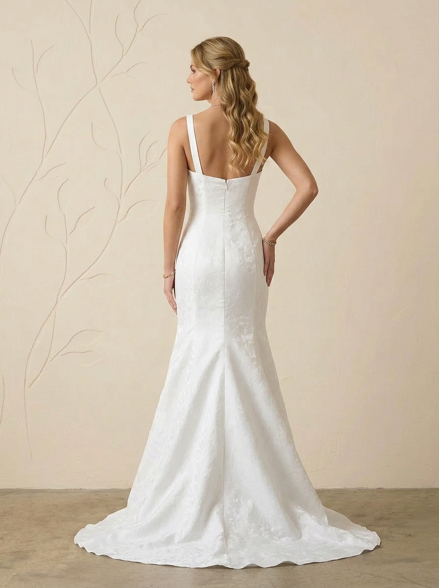 White Mermaid Square Neckline Floral Jacquard Wedding Dress