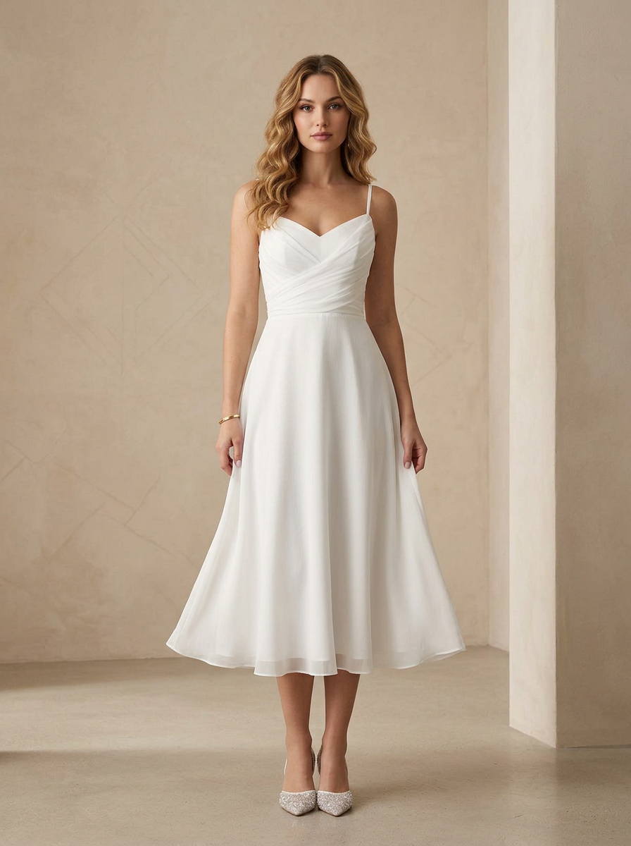 White A-Line V-Neck Pleated Crinkle Chiffon Wedding Dress