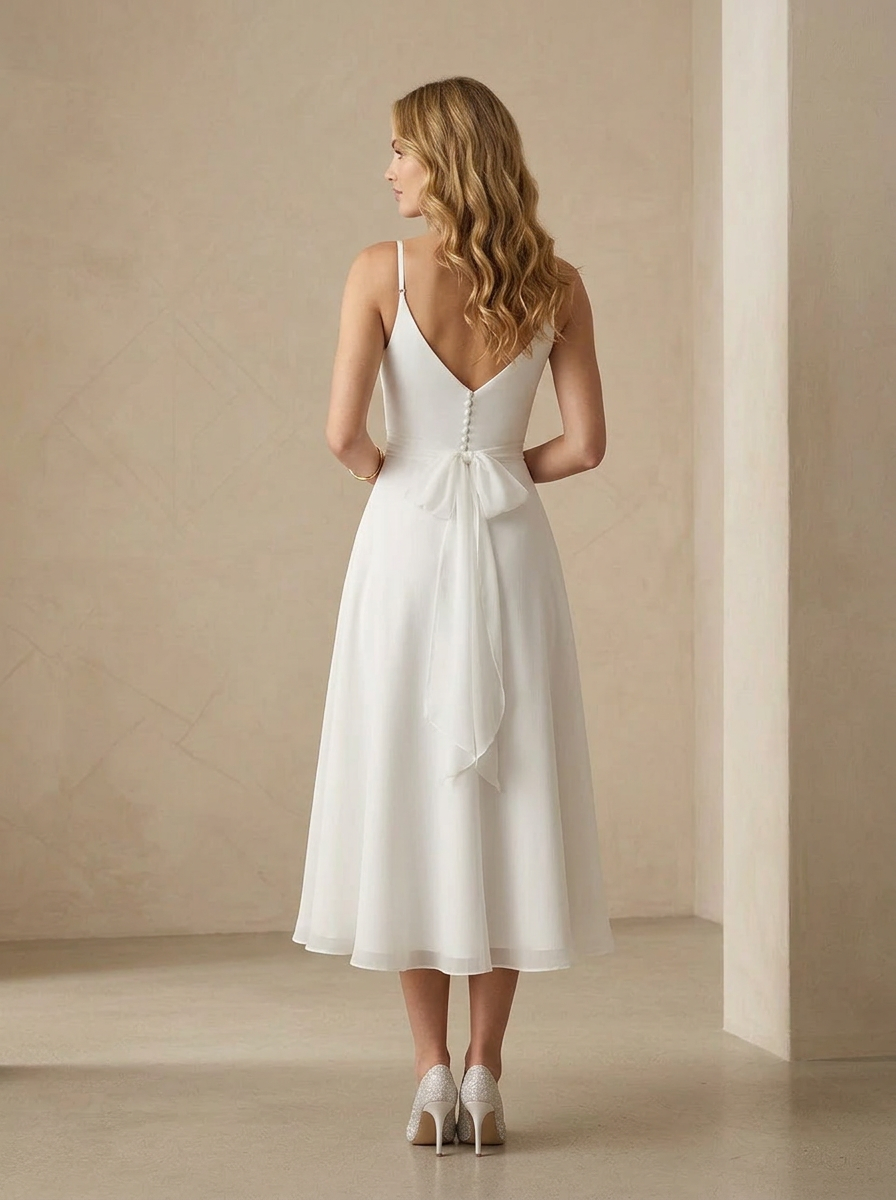 White A-Line V-Neck Pleated Crinkle Chiffon Wedding Dress