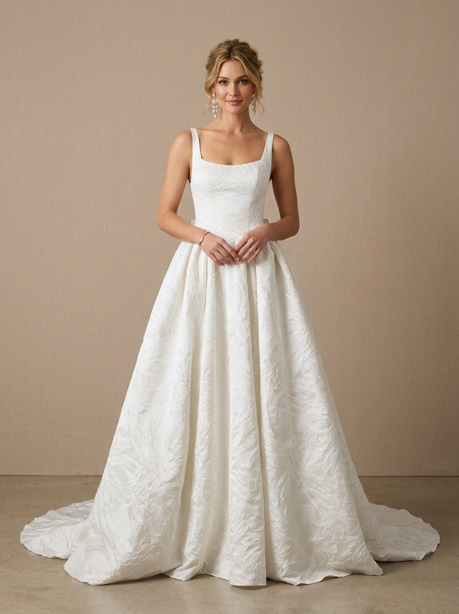 Ivory Ball-Gown with Pockets Floral Jacquard Wedding Dress