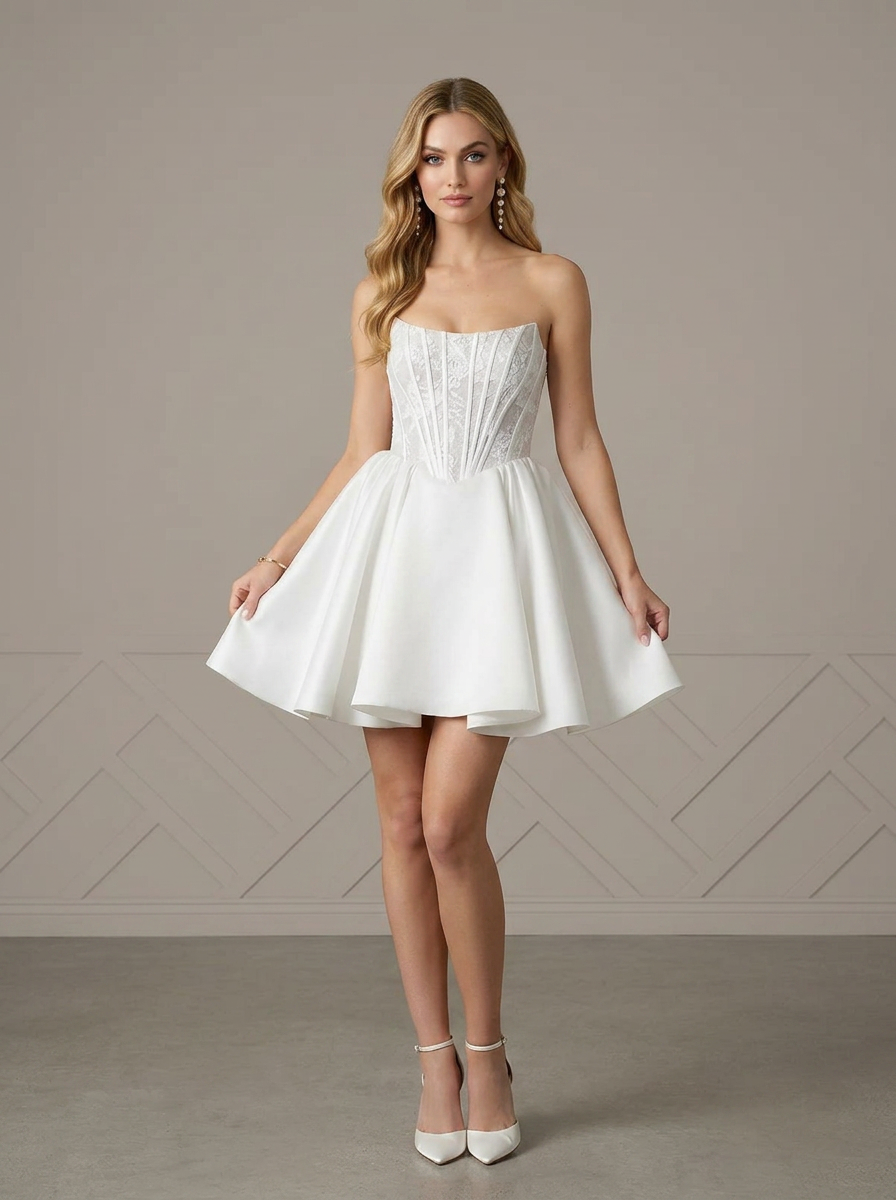 White A-Line Strapless Corset Lace Wedding Dress
