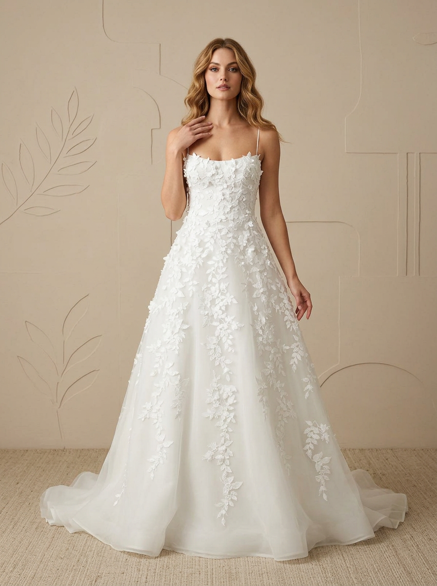White Ethereal 3D Floral Appliqué A-Line Lace Wedding Dress