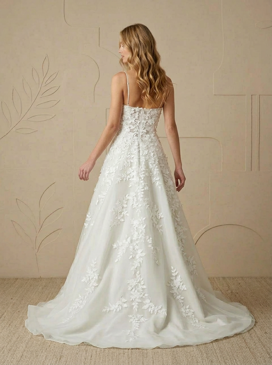 White Ethereal 3D Floral Appliqué A-Line Lace Wedding Dress