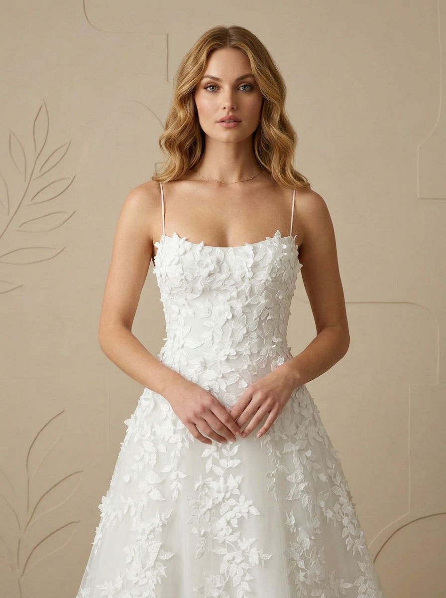 White Ethereal 3D Floral Appliqué A-Line Lace Wedding Dress