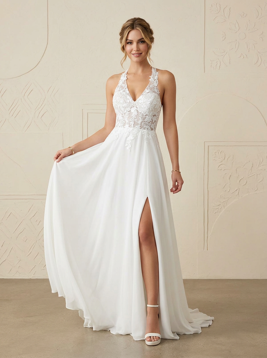 White Halter-Neck Wedding Dress with Side-Slit Elegance 