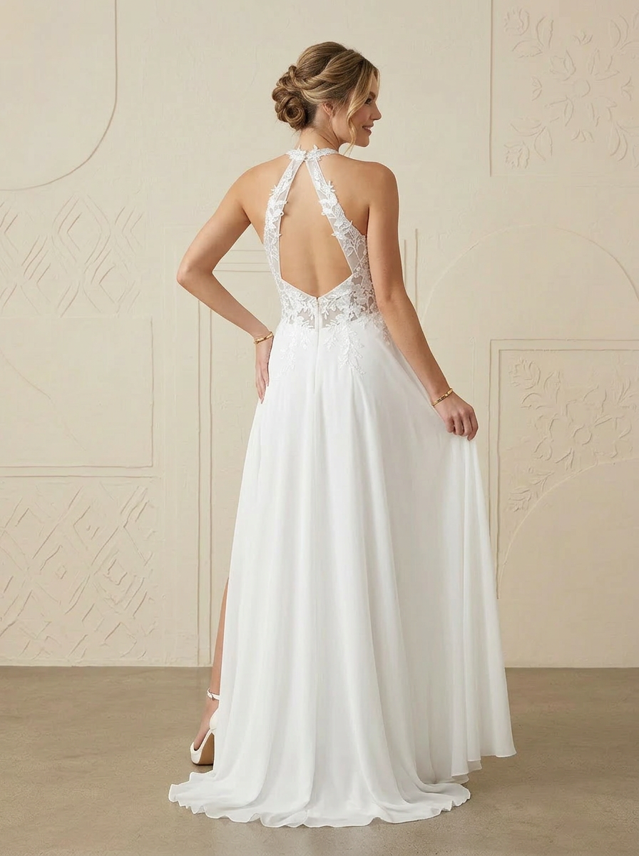 White Halter-Neck Wedding Dress with Side-Slit Elegance 