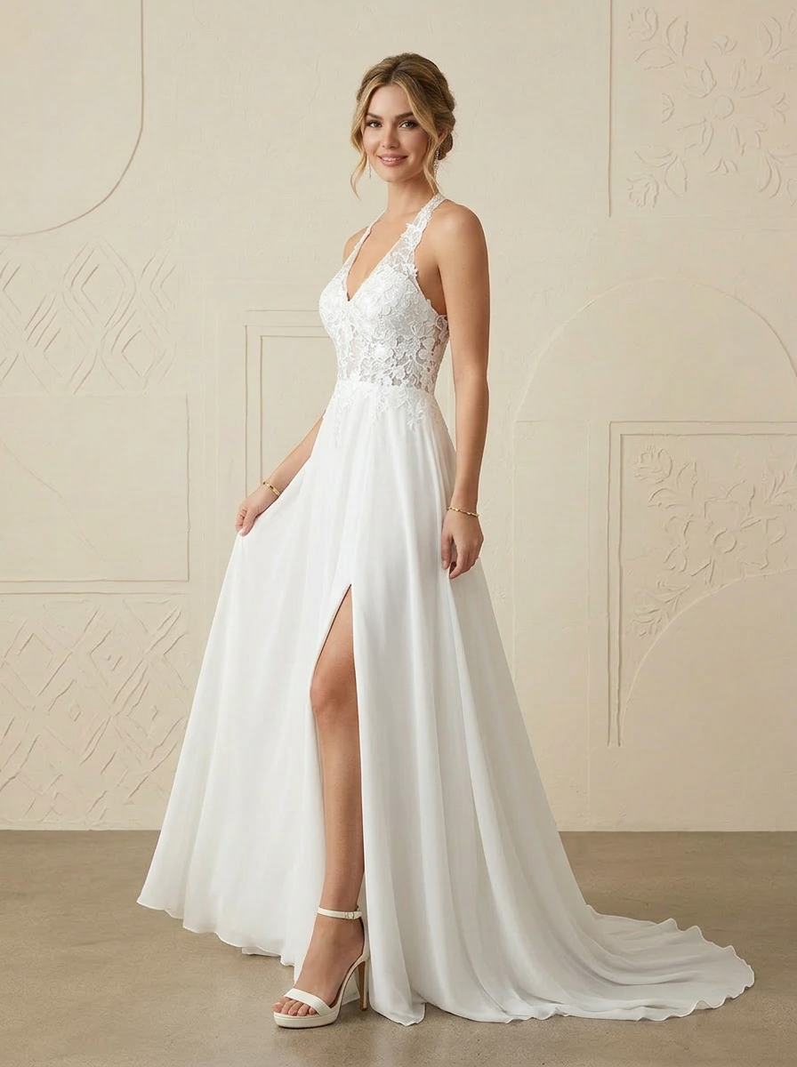 White Halter-Neck Wedding Dress with Side-Slit Elegance 