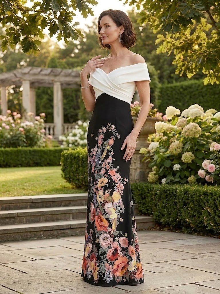 Black Floral Print SheathOff Shoulder Floor-Length Mother of the Bride & Groom Dresses with Satin Bodice