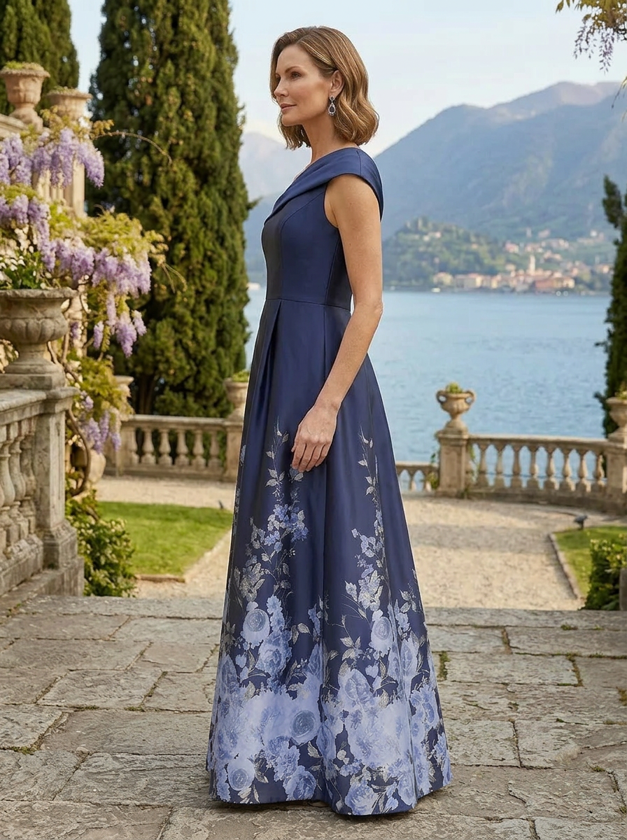 Navy Blue Floral Print A-Line One Shoulder Mother of the Bride & Groom Dresses with Ruched Waist