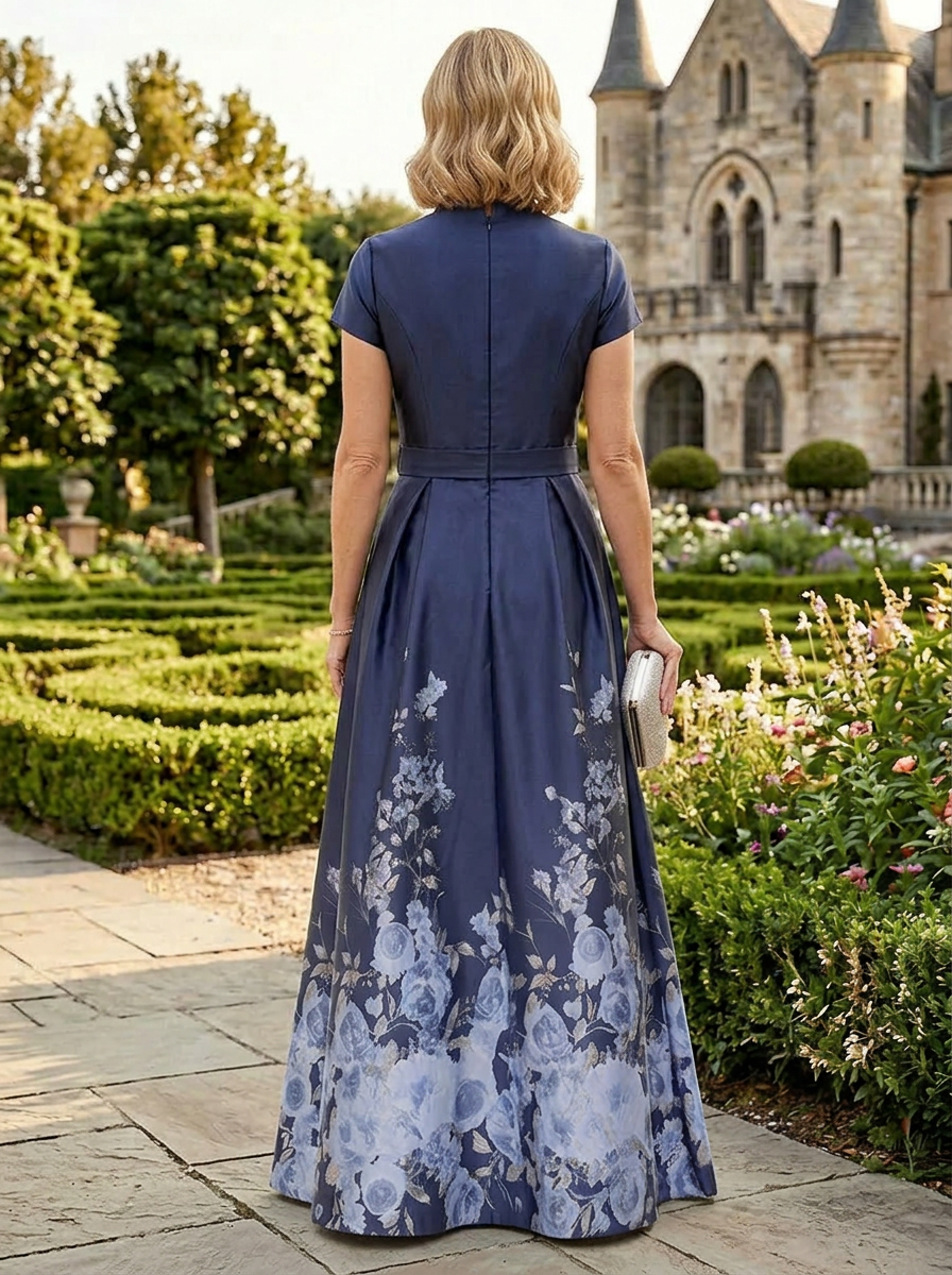 Navy Blue Floral Print A-Line V-Neck Mother of the Bride & Groom Dresses with Belt & Pockets