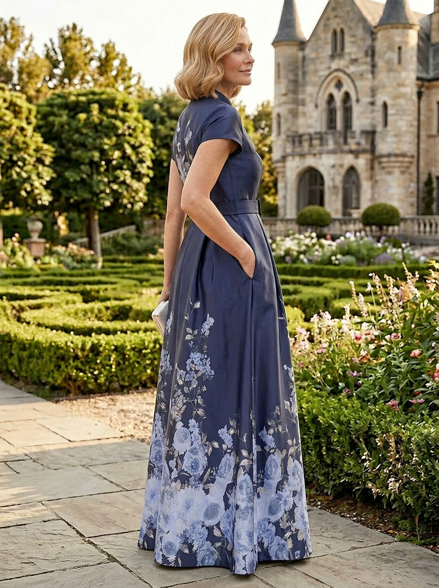 Navy Blue Floral Print A-Line V-Neck Mother of the Bride & Groom Dresses with Belt & Pockets