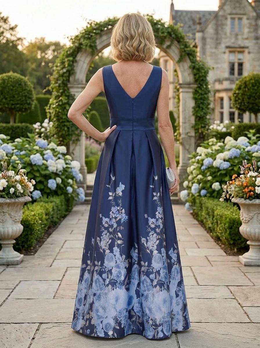 Navy Blue Floral Print A-Line V-Neck Mother of the Bride & Groom Dresses with Ruched Waist