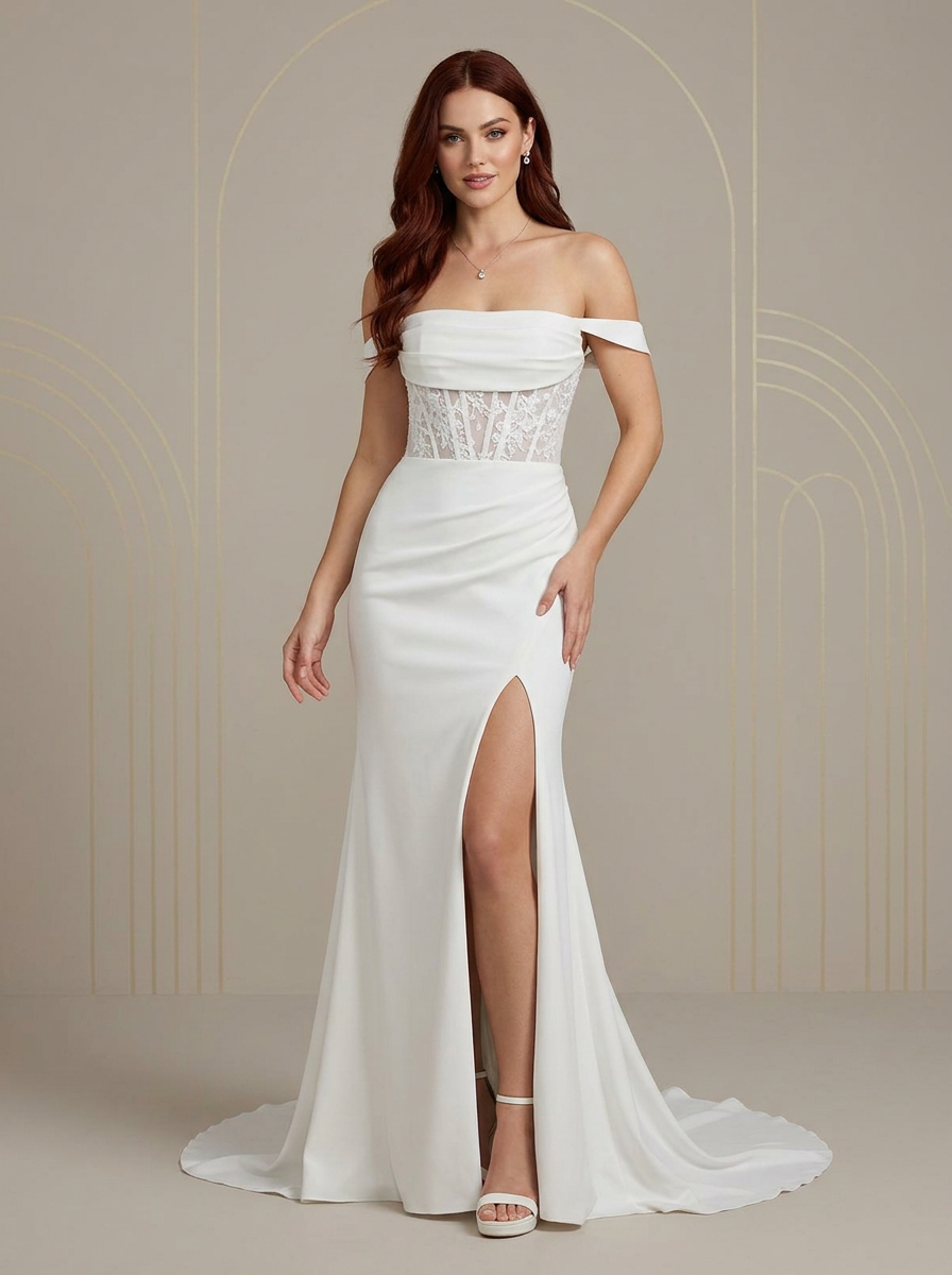 White Mermaid Off the Shoulder corset Crepe Back Satin Wedding Dress  