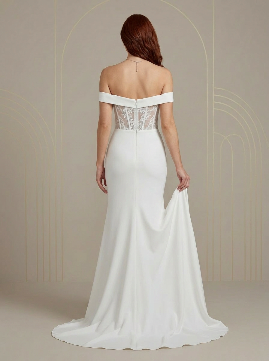 White Mermaid Off the Shoulder corset Crepe Back Satin Wedding Dress  