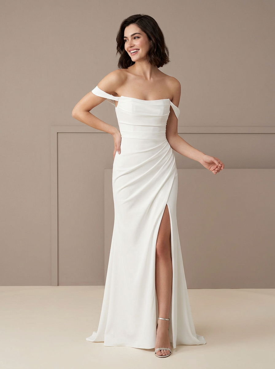 White Mermaid Off-Shoulder Scoop Pleated Crepe Back Satin Wedding Dress  