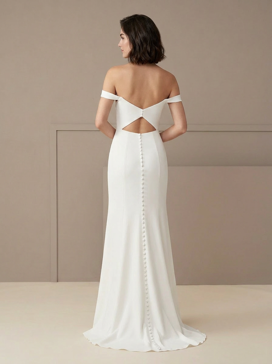 White Mermaid Off-Shoulder Scoop Pleated Crepe Back Satin Wedding Dress  