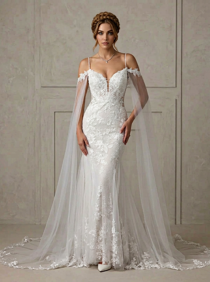 White Mermaid V-Neck Sequins Tulle Wedding Dress with Detachable Cape