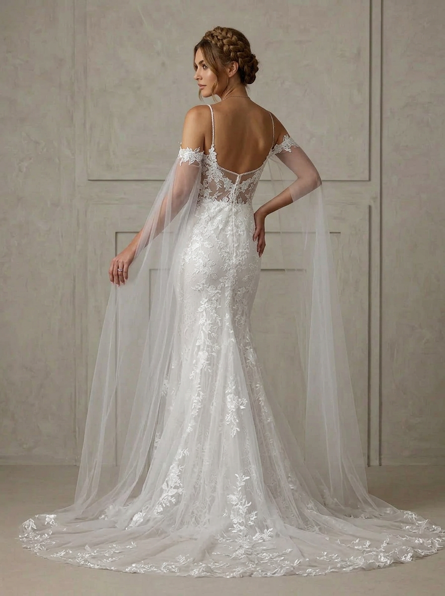 White Mermaid V-Neck Sequins Tulle Wedding Dress with Detachable Cape