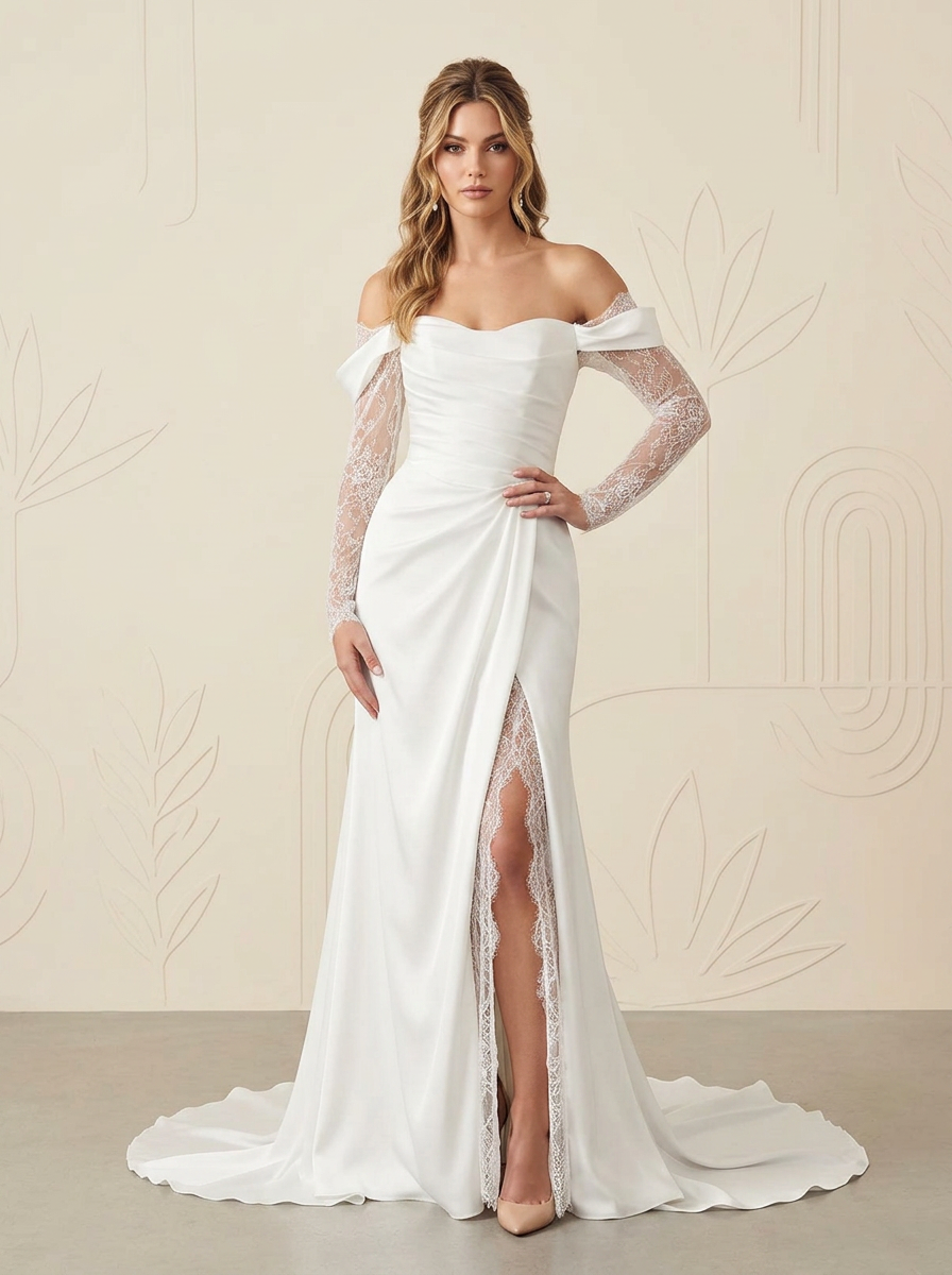 White A-Line Sweetheart Neckline Off-Shoulder Lace-Sleeved Wedding Dress 