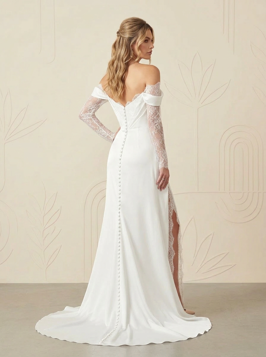 White A-Line Sweetheart Neckline Off-Shoulder Lace-Sleeved Wedding Dress 