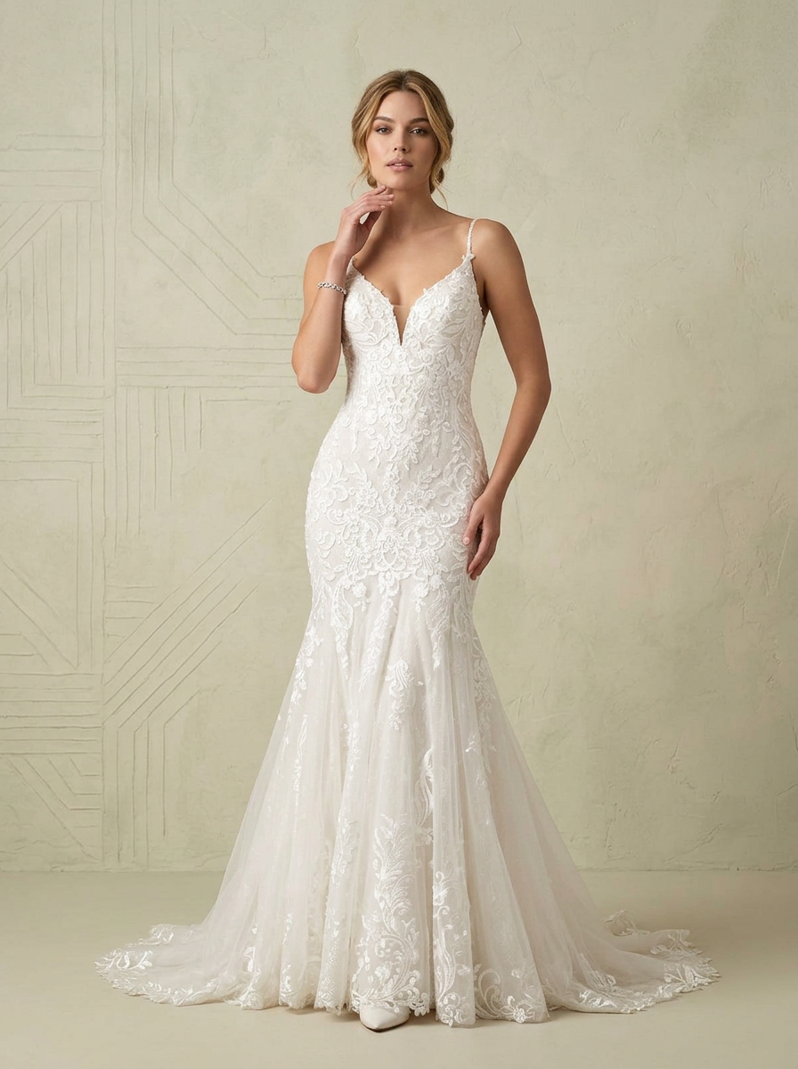 White Mermaid V-Neck Sequins Tulle Wedding Dress 