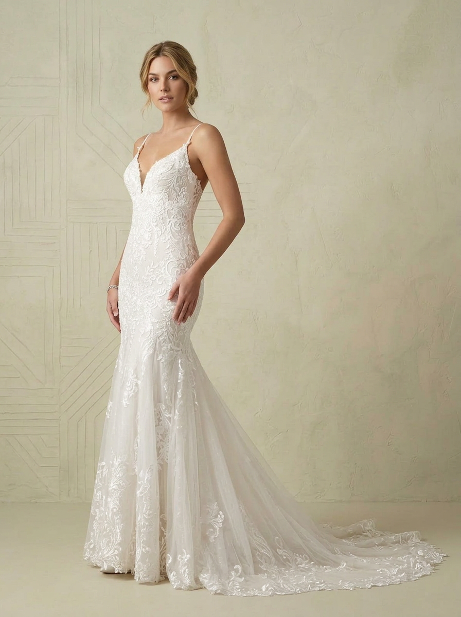 White Mermaid V-Neck Sequins Tulle Wedding Dress 