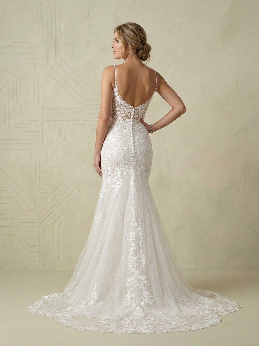 White Mermaid V-Neck Sequins Tulle Wedding Dress 