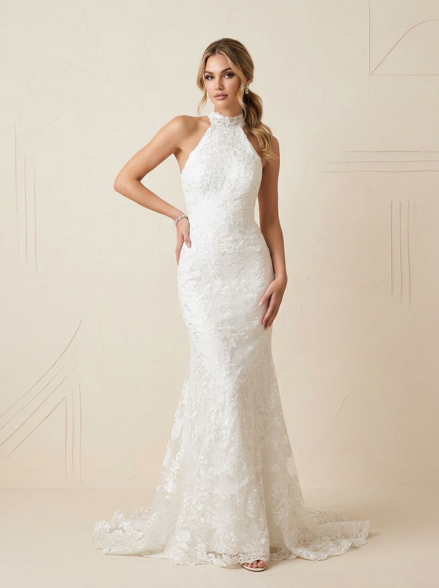 Enamoring Ivory Lace Halter Wedding Dress with Keyhole Back