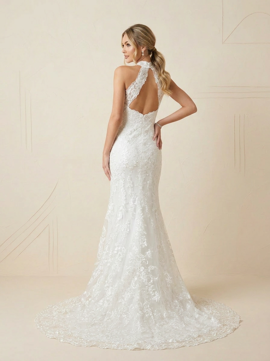 Enamoring Ivory Lace Halter Wedding Dress with Keyhole Back