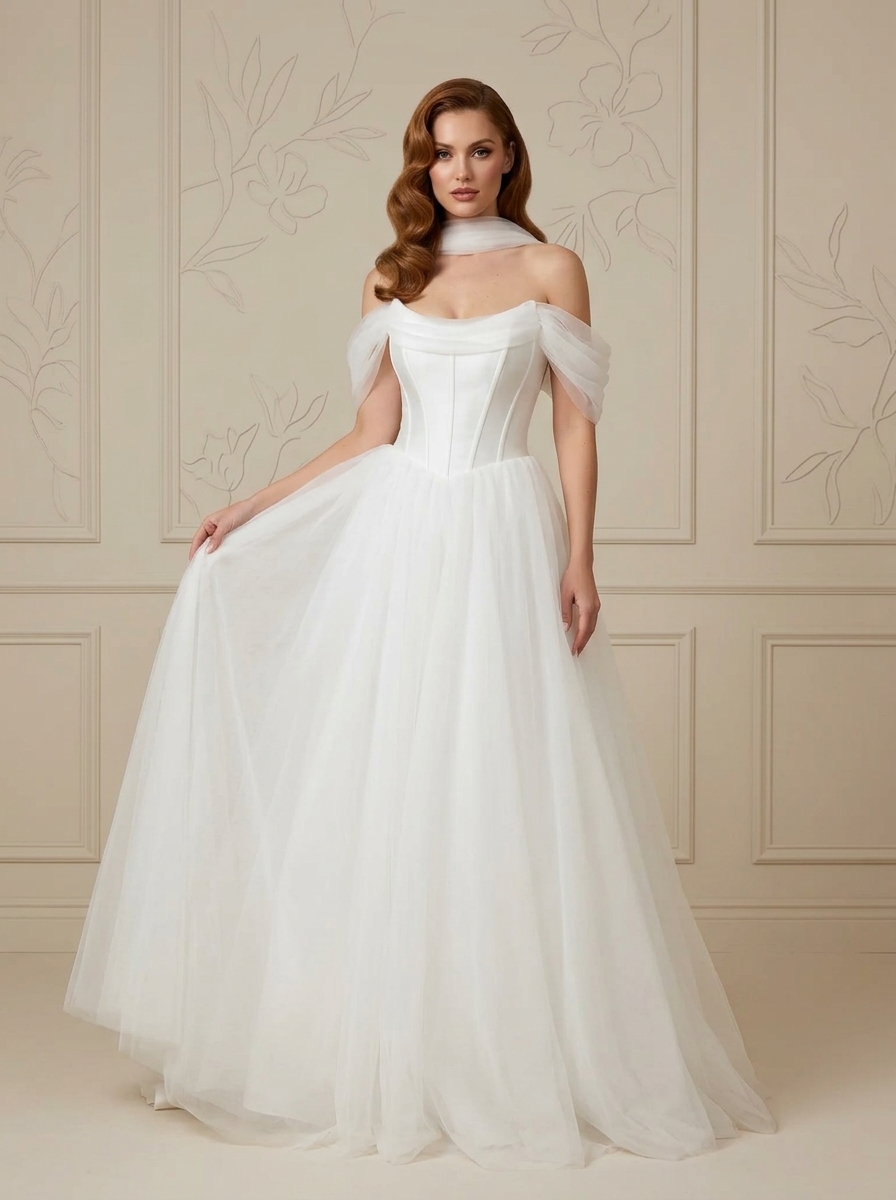 White Ethereal Off-the-Shoulder Tulle Wedding Dress 